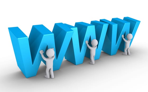 Three 3d persons are lifting letters to form "www"""