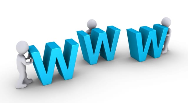 Three 3d persons are pushing letters to form "www"""