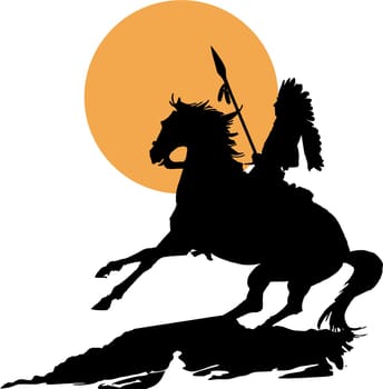 Native American on horseback with lance in silhouette at sunset