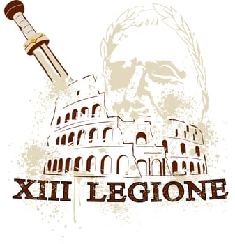 The Colosseum in Rome, the gladius sword of the Romans and cesare commander of the 13 Roman legion