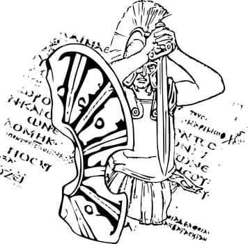 Greek shield of a soldier sparta with the sword. In the background a greek letter.