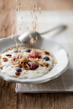 Fresh muesli with fruits for breakfast close up