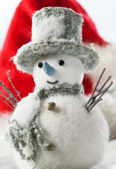snow man toy standing close up shoot