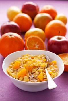 Cereal with fruit for breakfast close up shoot