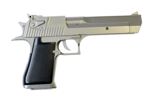 silver pistol on white background close up