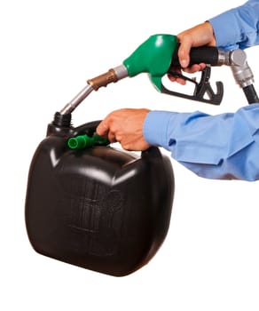 Male hand filling container with fuel isolated on white
