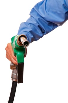 Male hand holding green pump isolated on white