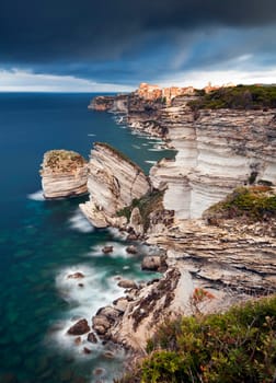 Bonifacio, old town at sea cliff, Corsica - France