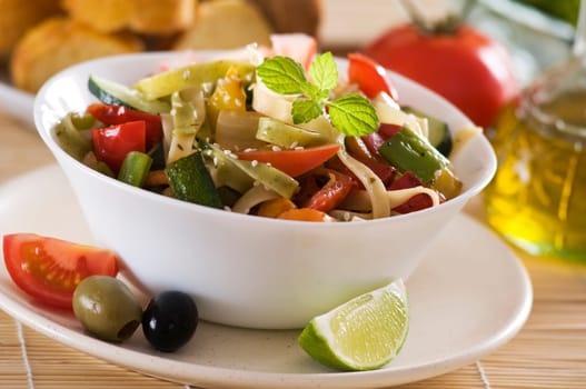 Fresh pasta salad with tomato and roasted vegetables