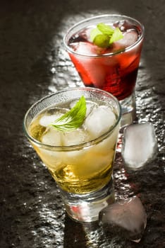fresh cocktail with ice and mint close up
