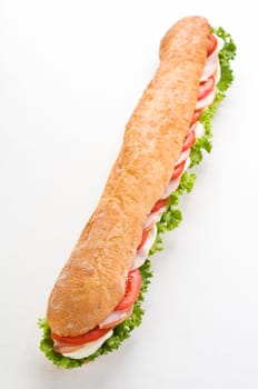 Fresh sandwich with ham, cheese and tomato close up