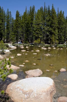 lake with smooth rocks on Tioga Pass in Yesemite National Park in California in the United States of America