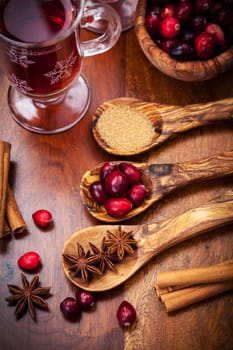 Ingredients for cooking cranberry hot mulled wine