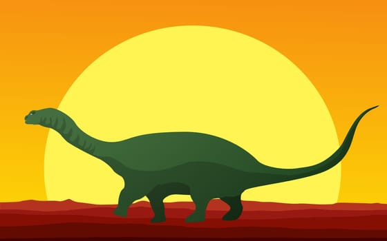 Background cartoon style drawing of a dinosaur in the susnset