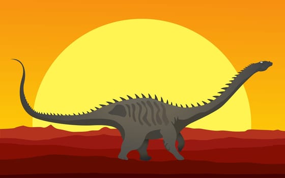 Background cartoon style drawing of a dinosaur in the susnset