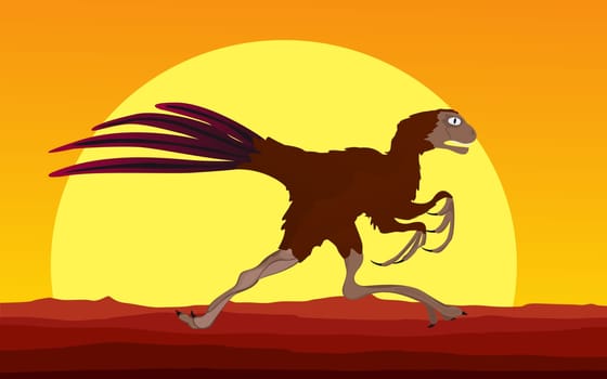 Background cartoon style drawing of a dinosaur in the susnset
