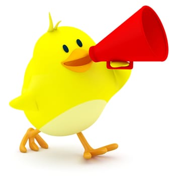 Little chick with a red megaphone - 3d render
