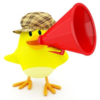 Little chick with a red megaphone - 3d render