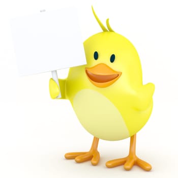 Little chick with empty board - 3D render