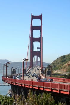 Traffic streams across the Golden Gate Bridge in San Francisco.