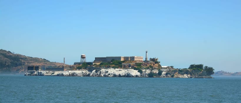 Alcatraz prison on a clear day on San Francisco Bay.