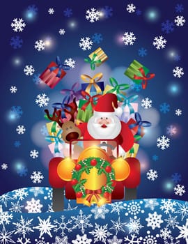 Santa Reindeer Driving in Classic Vintage Car Night Scene with Snowflakes Background Illustration