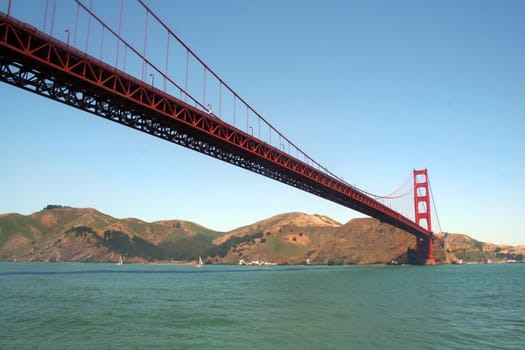 The Golden Gate Bridge in San Francisco from the water on a clear day.