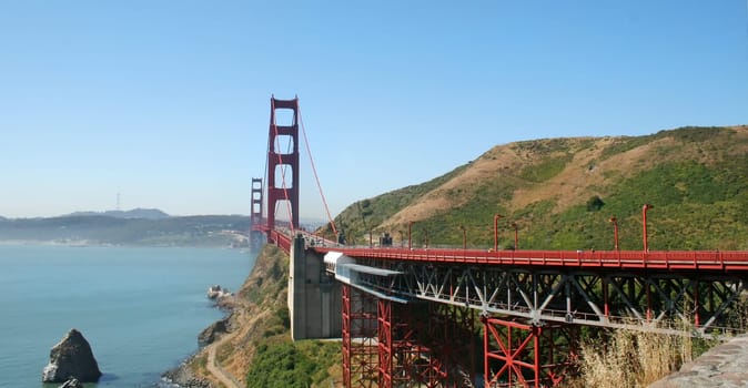 The Golden Gate Bridge in San Francisco on a clear day.