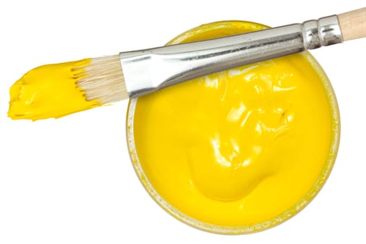 Yellow paint with paintbrush. Isolated on white background.