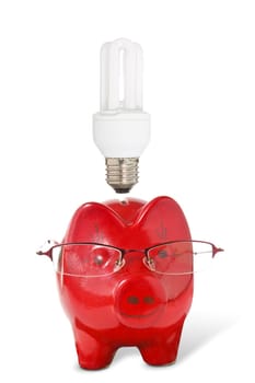 Piggy-bank with glasses and  light bulb . Energy savings concept.
