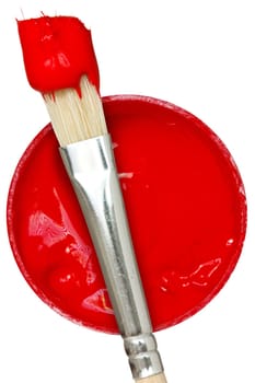Red paint with paintbrush. Isolated on white background