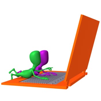 Side view reduced puppets search information by laptop