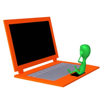 Side view troubled puppet holding head after laptop