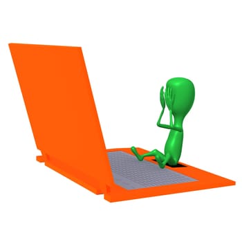 Angle view puppet cover his eyes behind laptop