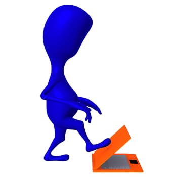 Side view puppet step on half closed laptop