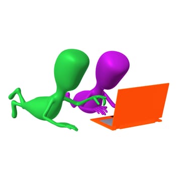 Front view puppet students searching information by laptop
