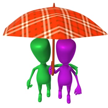 Over view puppets walking in park under umbrella