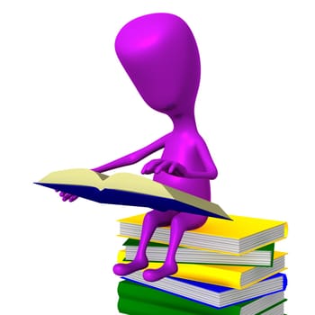 Angle view puppet reading book on books column