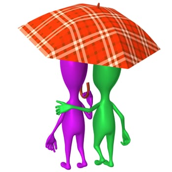 Behind view puppets walking in park under umbrella
