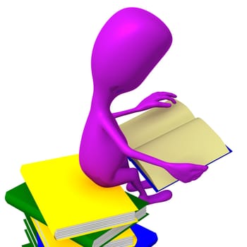 Side view puppet reading book on books column