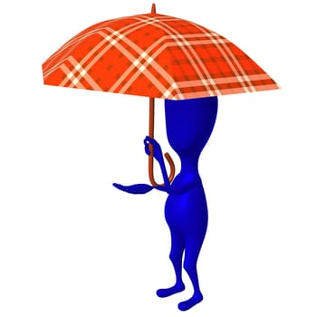 Side view puppet testing weather under big umbrella