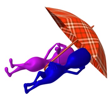 Side view puppets rest under umbrella on beach