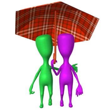 Front view puppets walking in park under umbrella