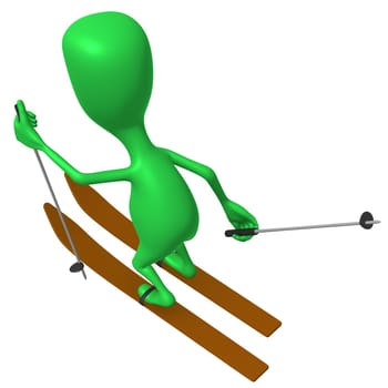 Behind view green puppet ski on white snow