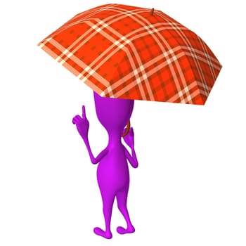 Behind view puppet hold squared umbrella under rain