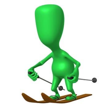 Angle view green puppet glide through snowy mountine