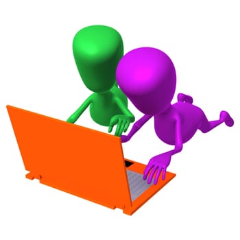 Angle view puppet students searching information by laptop