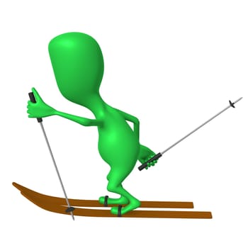 Side view green puppet ski on white snow