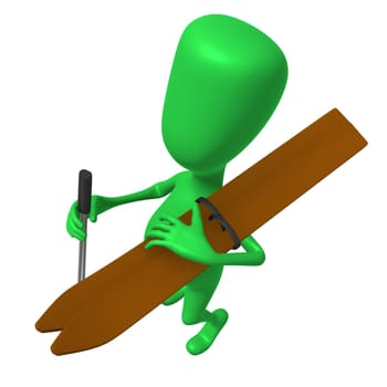 Over view green puppet with skis on shoulder