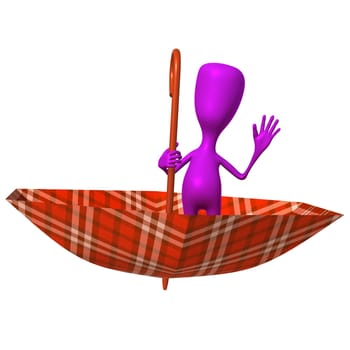 Front view puppet  welcomes from inverted squared umbrella